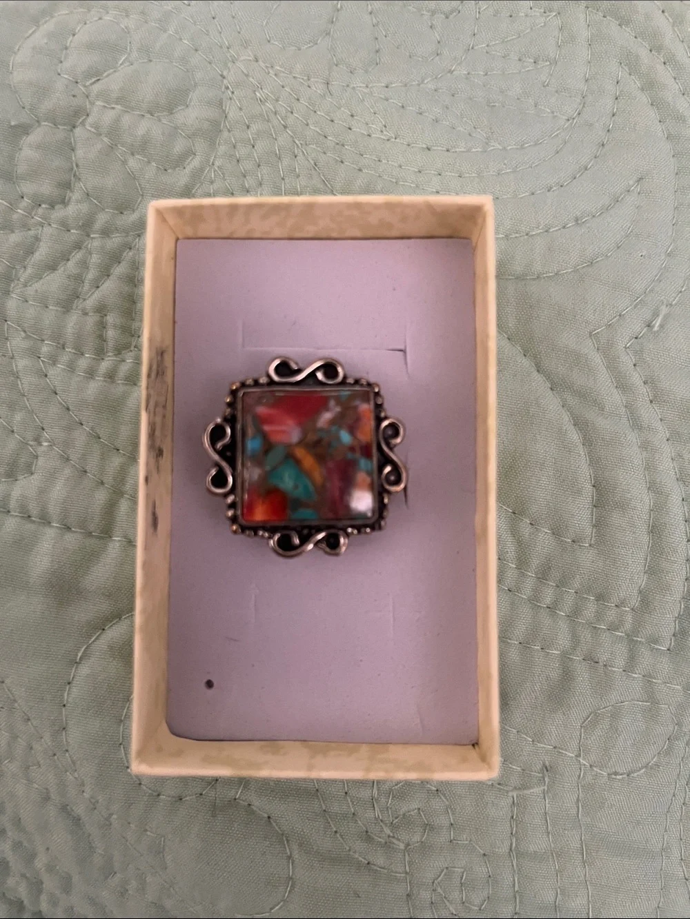 Sterling Style Multicolor Stone Square Ring - Women's Fashion Jewelry